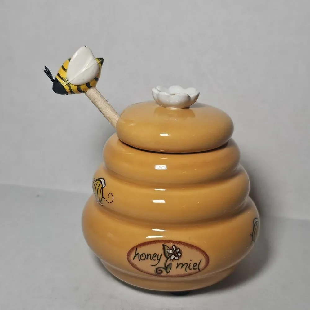Mini Honey Pot Ceramic Jar & Wood Dipper Beehive with Bee Honey Miel
